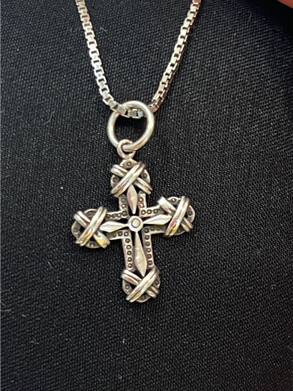 Silver-Colored Decorative Cross Pendant Necklace - Genuine Silver Chain